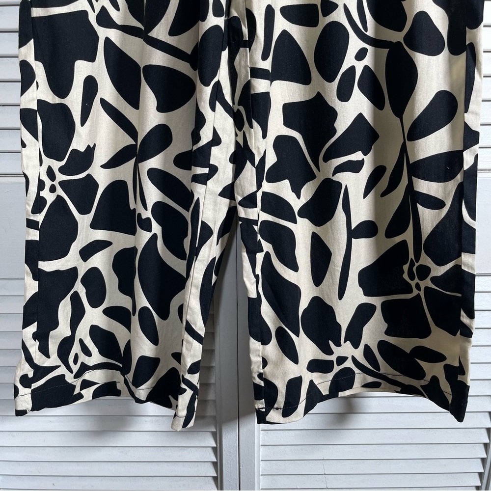 Serra Linen Pants M Wide Leg Black Beige Abstract Print Summer Resort Wear - Picture 5 of 11